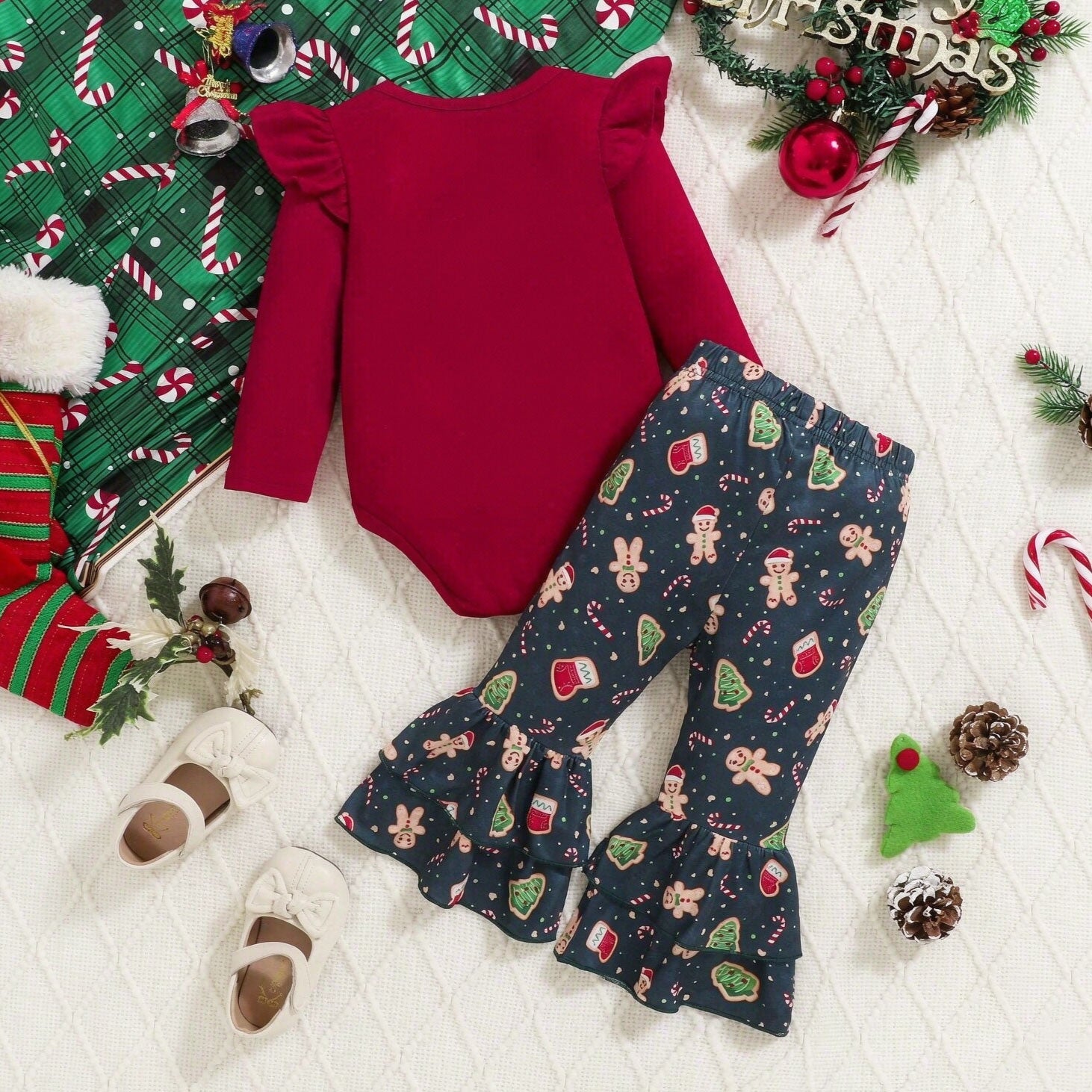 2PCS Baby First Christmas Letter Gingerbread Print Long Sleeve Baby Set
