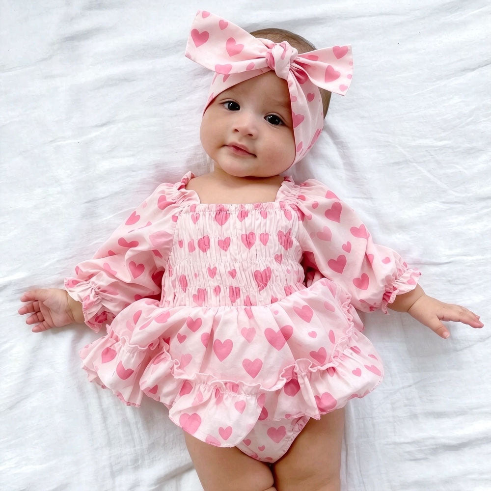 2PCS Chic Heart Printed Long Sleeve Baby Girl Romper