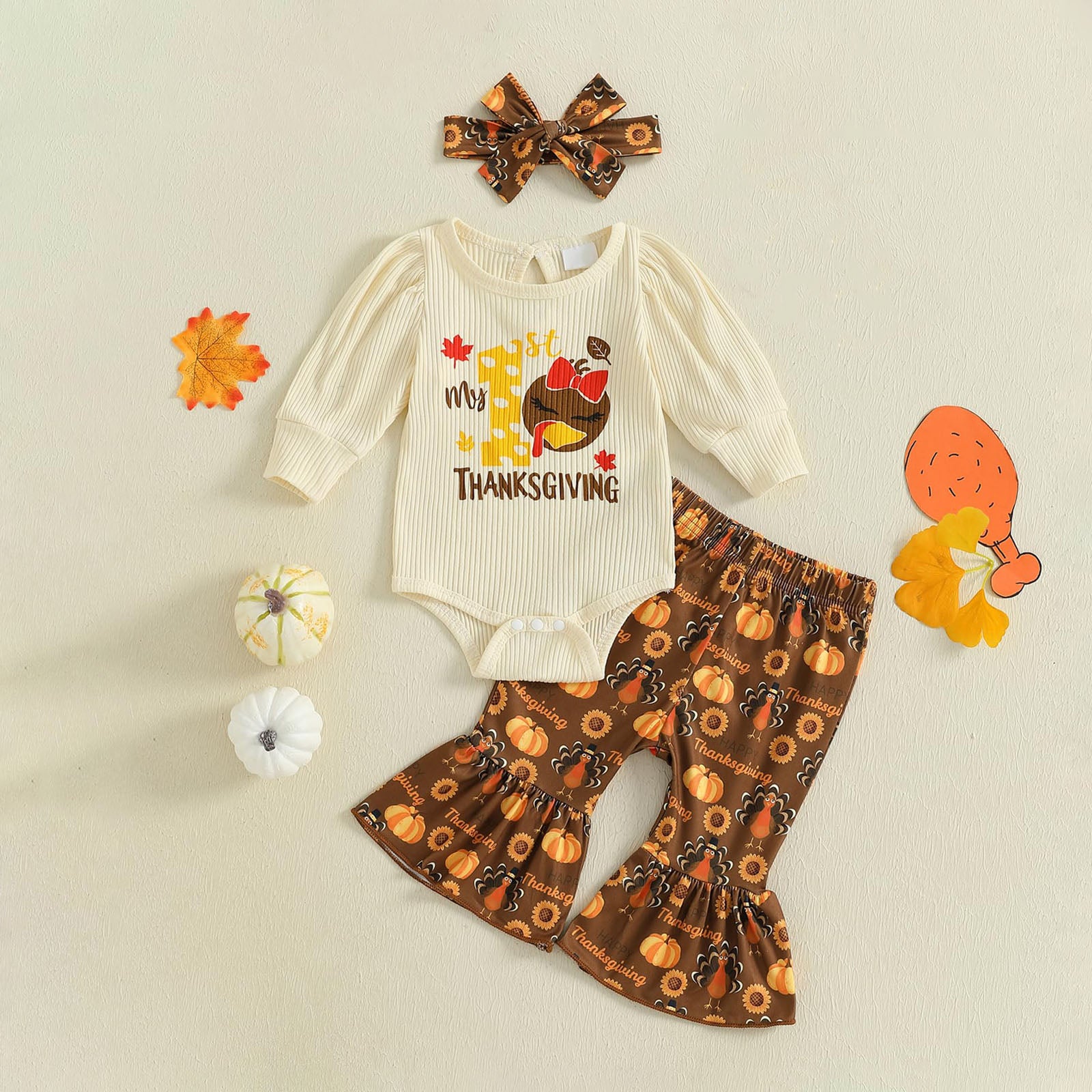 3PCS Chic My 1st Thanksgiving Letter Turkey Print Baby Set