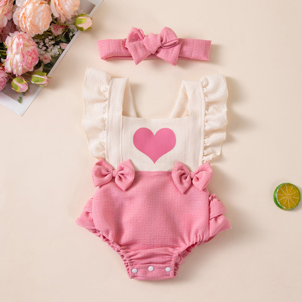 2PCS Lovely Heart Printed Flutter Sleeve Baby Romper