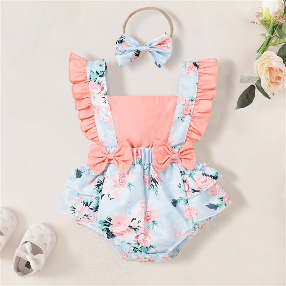 2PCS Trend Floral Printed Sleeveless Baby Romper