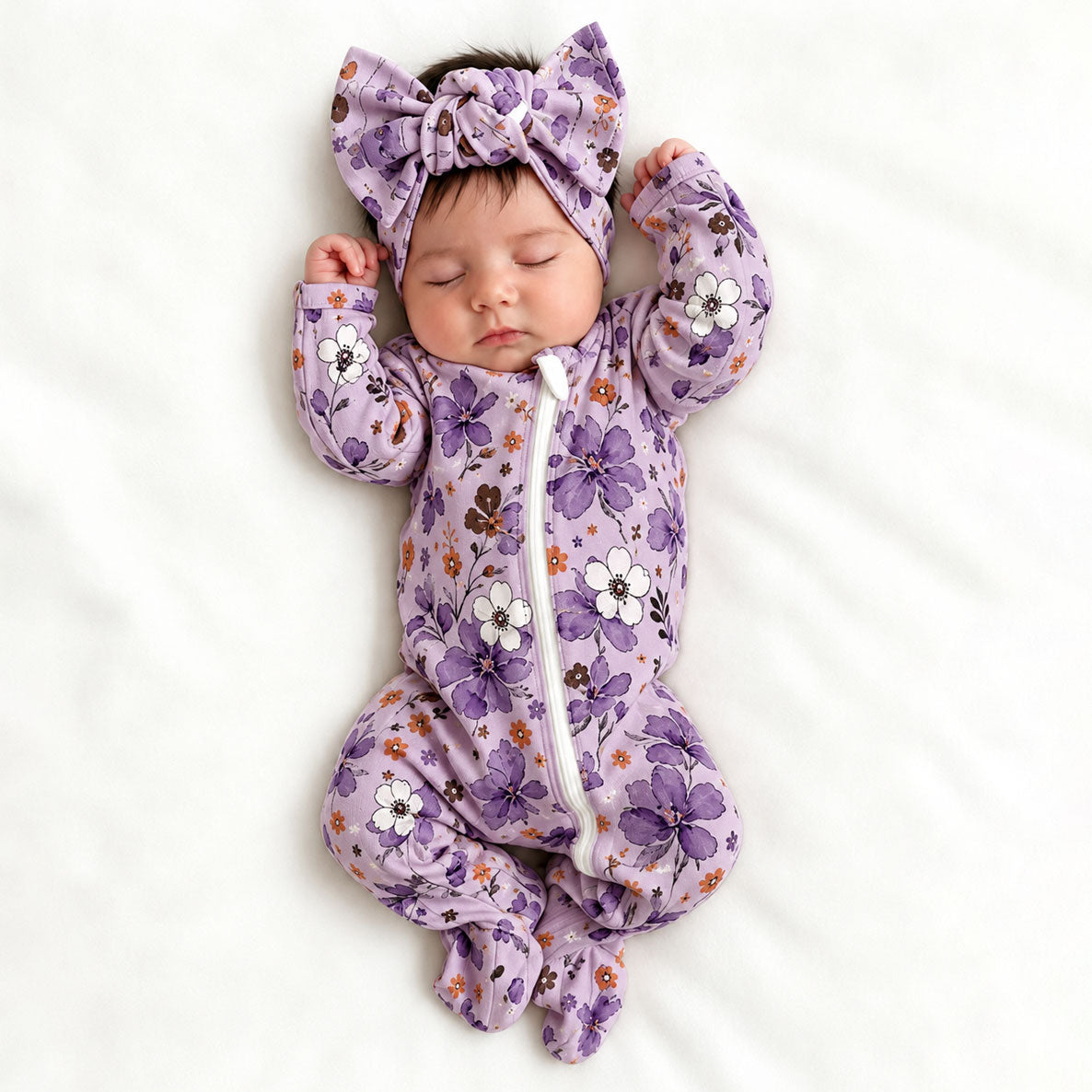 2PCS Chic Floral Printed Ruffle Zipper Long Sleeve Baby Girl Jumpsuit