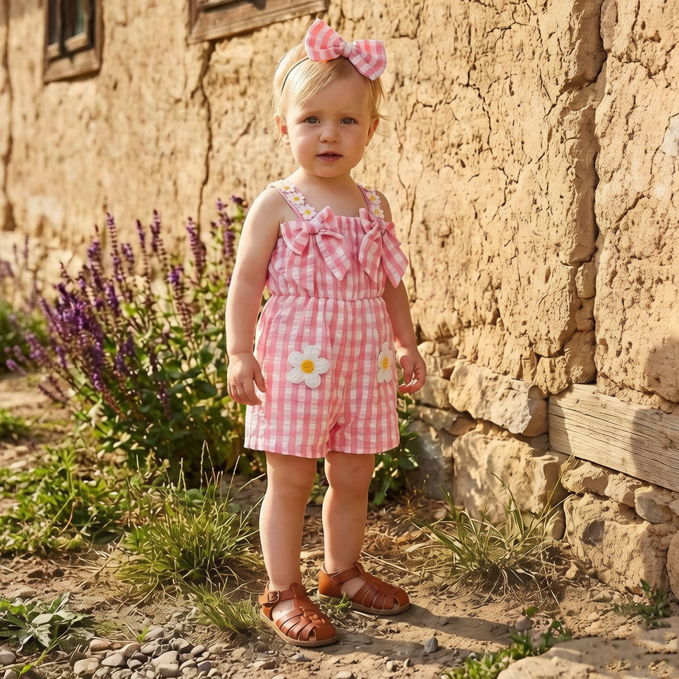 2PCS Pretty Floral Appliqué Plaid Print Sleeveless Baby Jumpsuit
