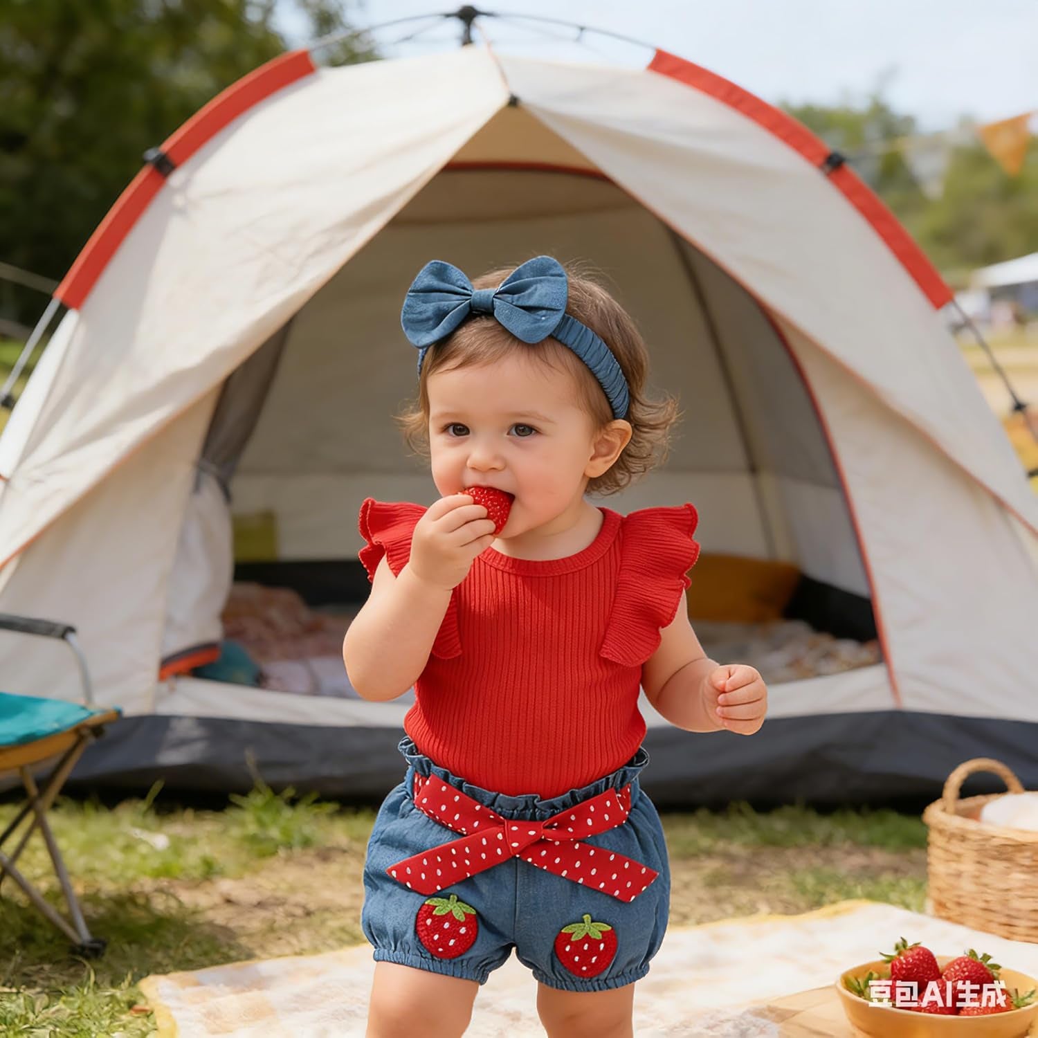 3PCS Sweet Strawberry Printed Appliqué Flutter Sleeve Baby Set