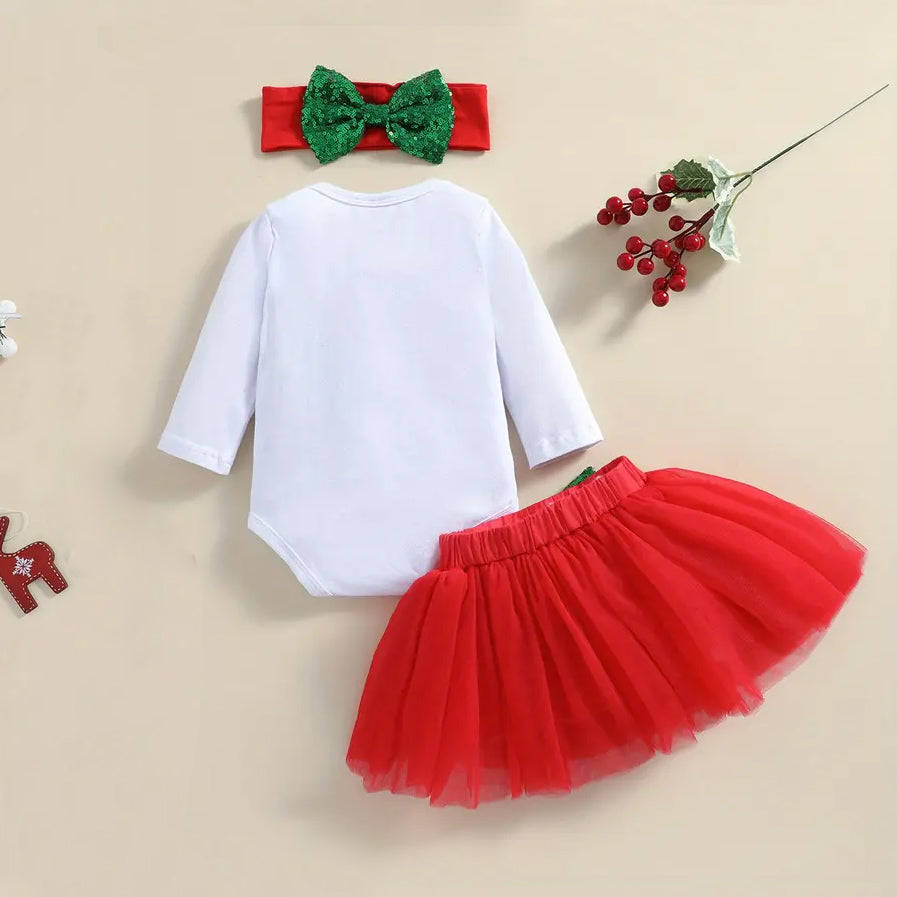 3PCS Pretty My First Christmas Letter Printed Mesh Baby Skirt Set