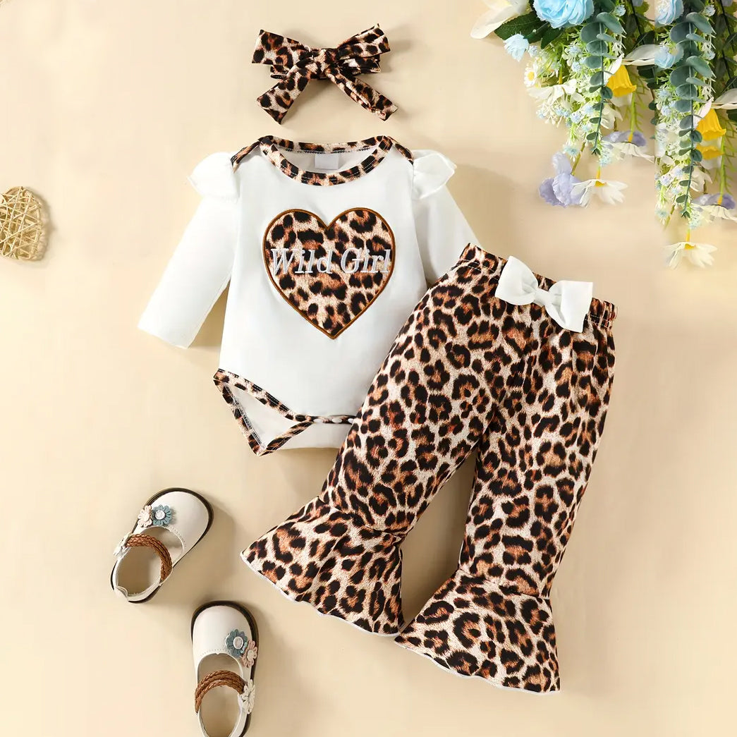 3PCS Lovely Wild Girl Letter Heart Leopard Printed Baby Set