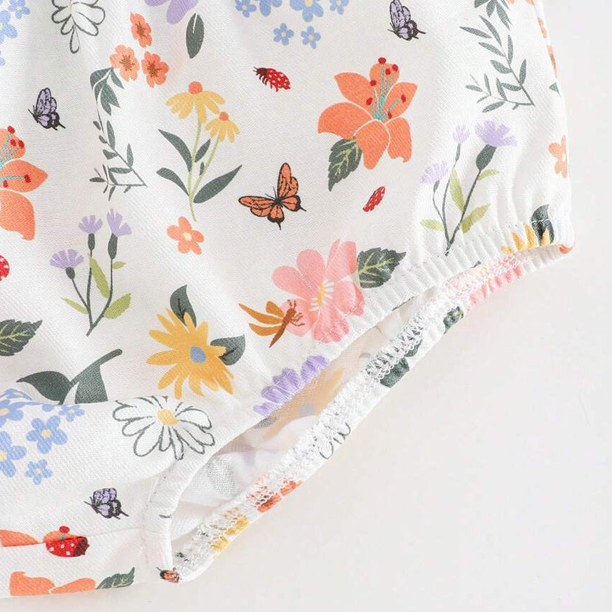Cheerful Floral Print Flutter Sleeve Baby Romper