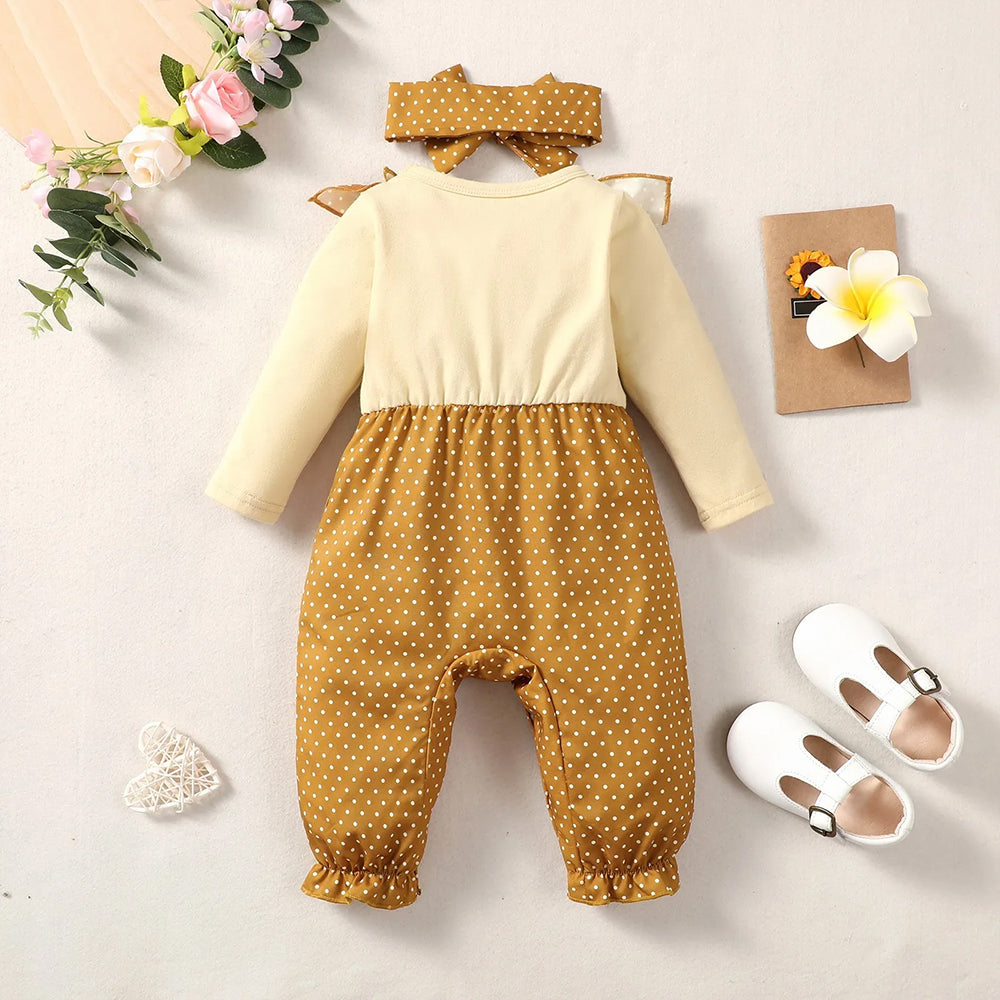 2PCS Sweet Polka Dots Print Ruffle Long Sleeve Baby Girl Jumpsuit