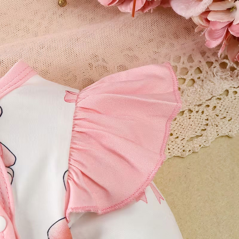 Sweet Bear Bowknot Print Ruffle Long Sleeve Baby Jumpsuit