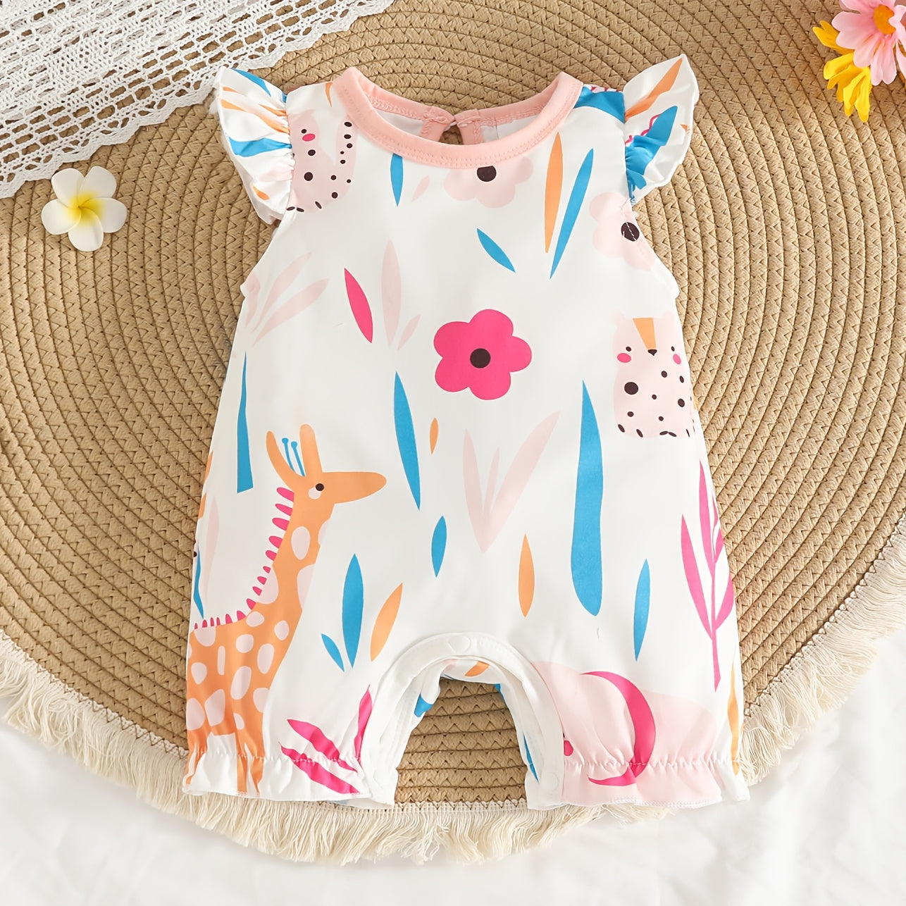 Lovely Animal and Plant Printed Flutter Sleeve Baby Girl Jumpsuit