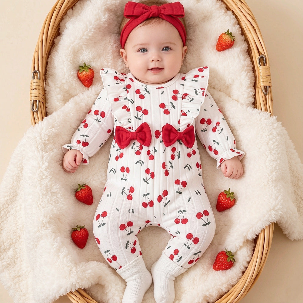 2PCS Timeless Cherry Print Long Sleeve Baby Jumpsuit