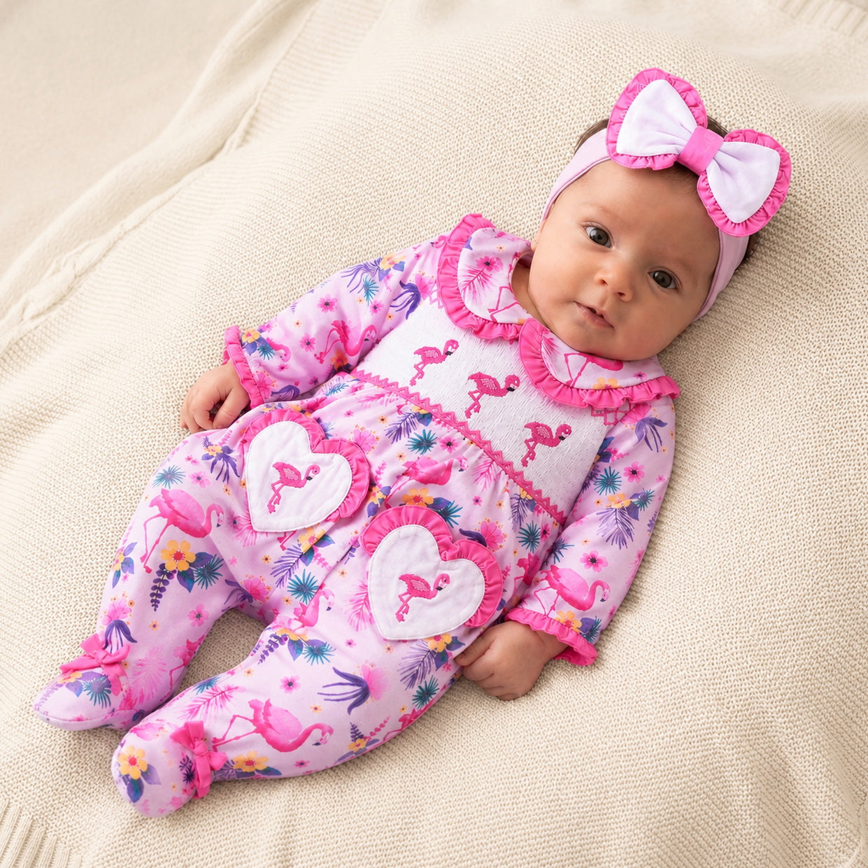 2PCS Elegant Flamingo Print Long Sleeve Baby Jumpsuit