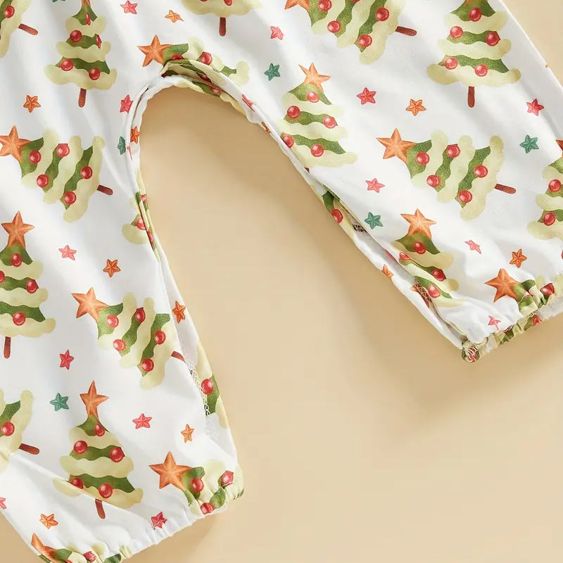 2PCS Christmas Tree Printed Bowknot Long Sleeve Baby Jumpsuit