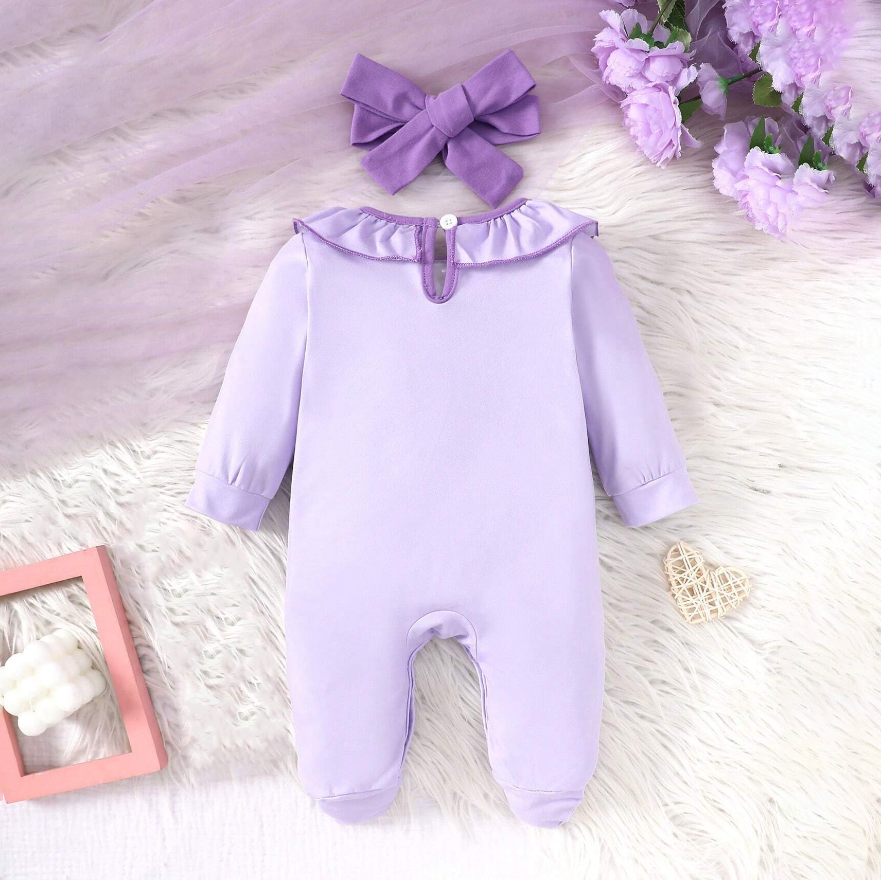 2PCS Elegant Contrast Color Ruffle Collar Bow-Tie Printed Baby Jumpsuit