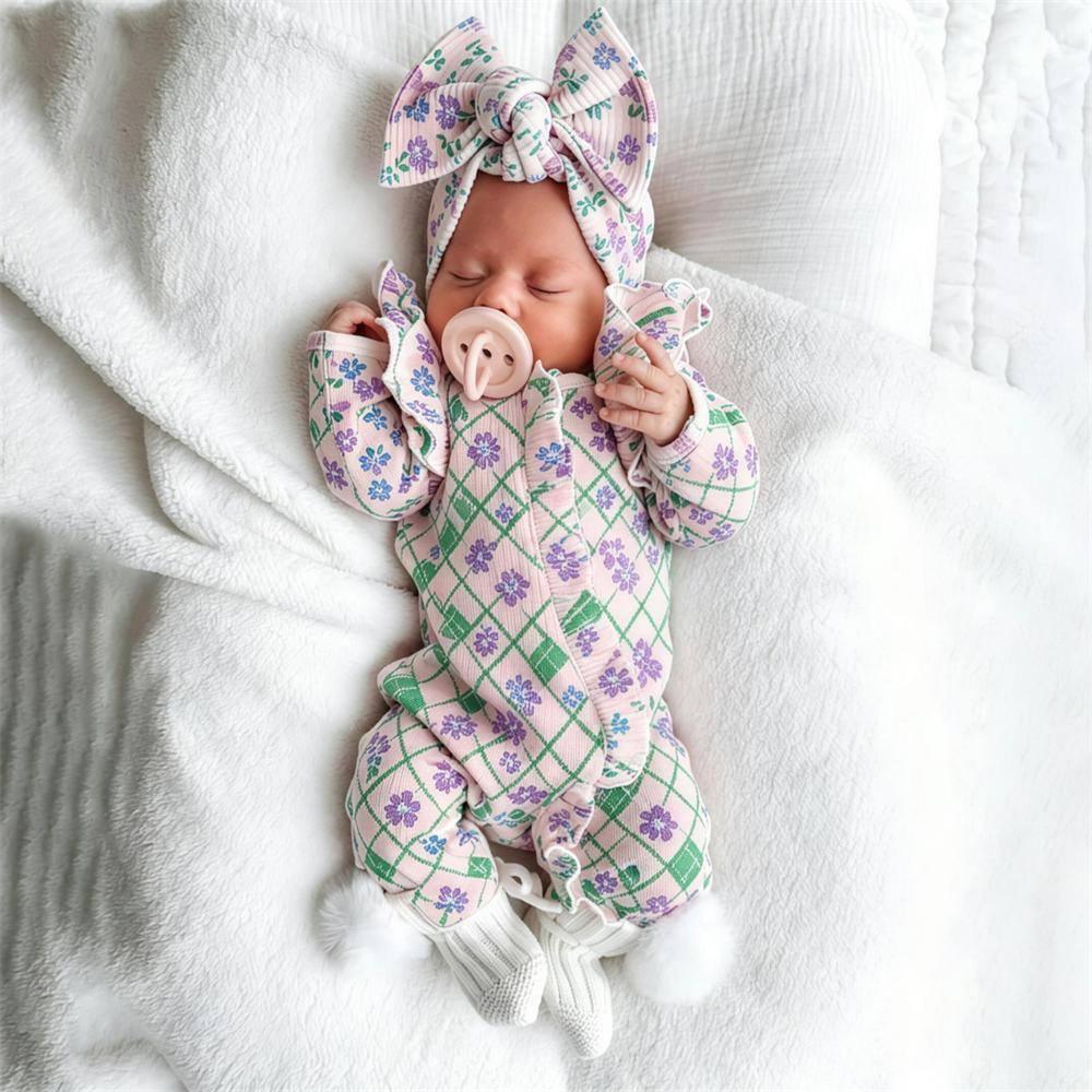 2PCS Timeless Floral Plaid Printed Zipper Long Sleeve Baby Jumpsuit