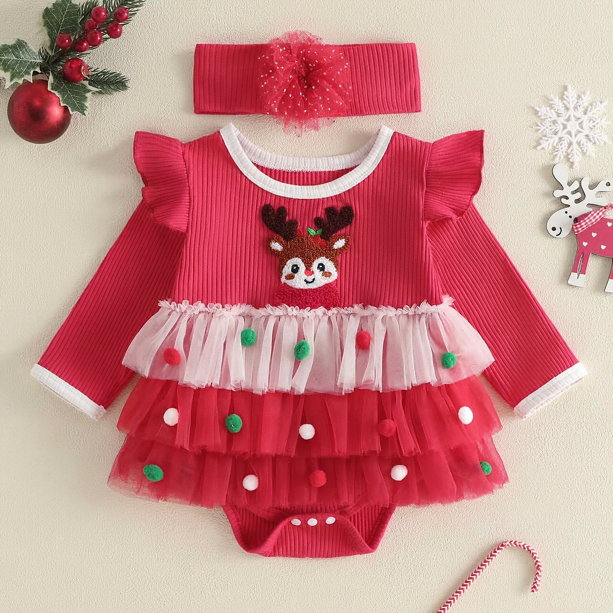 2PCS Baby Girl Reindeer Applique Long Sleeve Christmas Tulle Romper