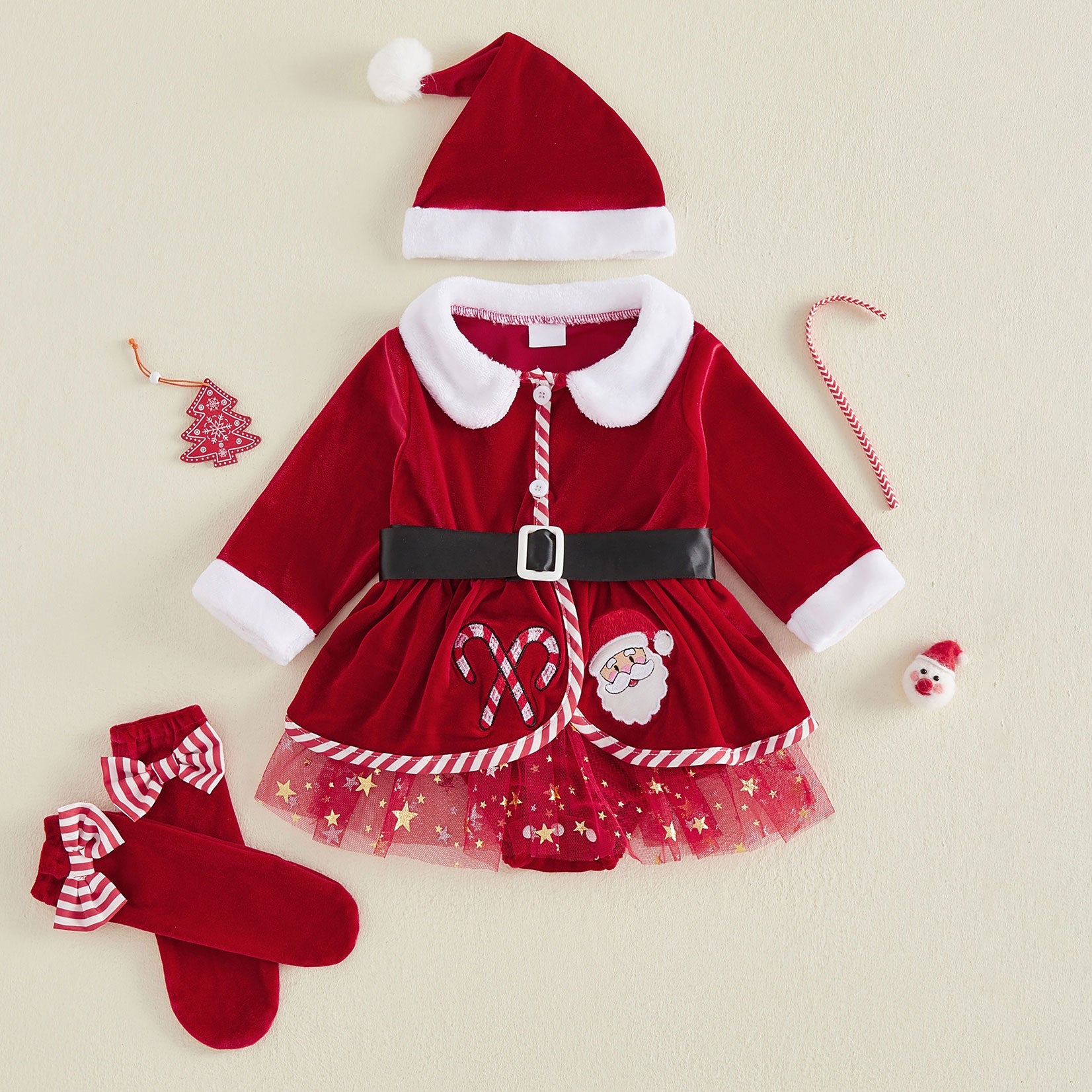 3PCS Christmas Santa Claus Printed Tulle Long Sleeve Baby Romper