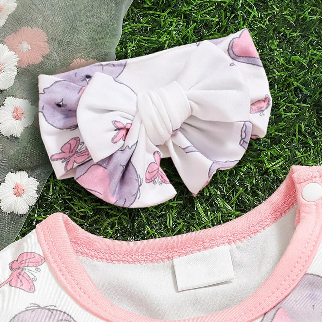 2PCS Cute Elephant Printed Flounce Sleeve Baby Jumpsuit