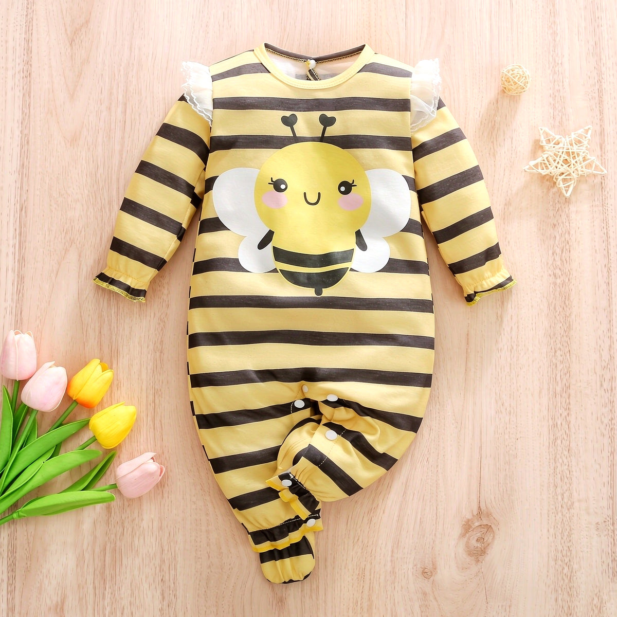 Lovely Bee Stripe Print Long Sleeve Baby Girl Jumpsuit