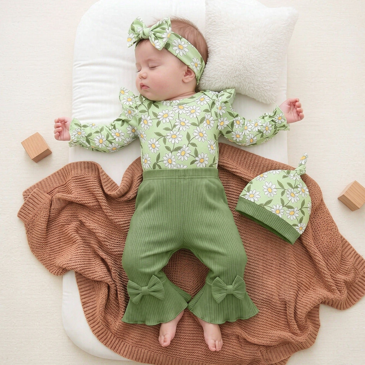 4PCS Lively Daisy Print Bow Long Sleeve Baby Girl Set