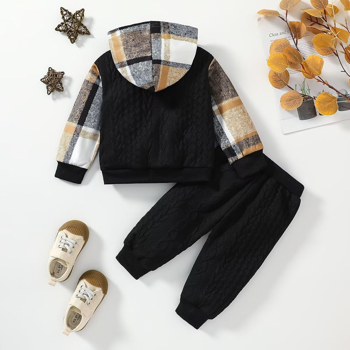 2PCS Chic Plaid Print Long Sleeve Hoodie Baby Boy Set