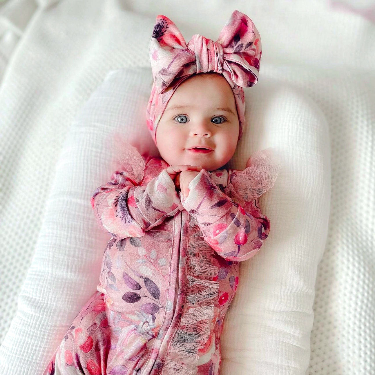 2PCS Vivid Floral Print Lace Ruffle Zipper Long Sleeve Baby Jumpsuit