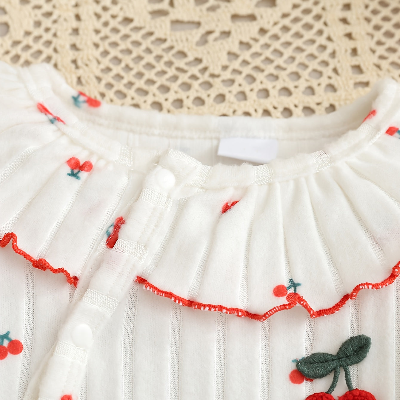 Comfy Cherry Printed Ruffle Trim Long Sleeve Baby Jumpsuit