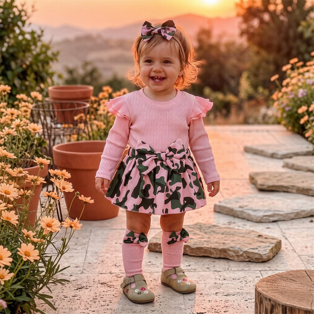 3PCS Adorable Camouflage Print Bow Baby Girl Romper