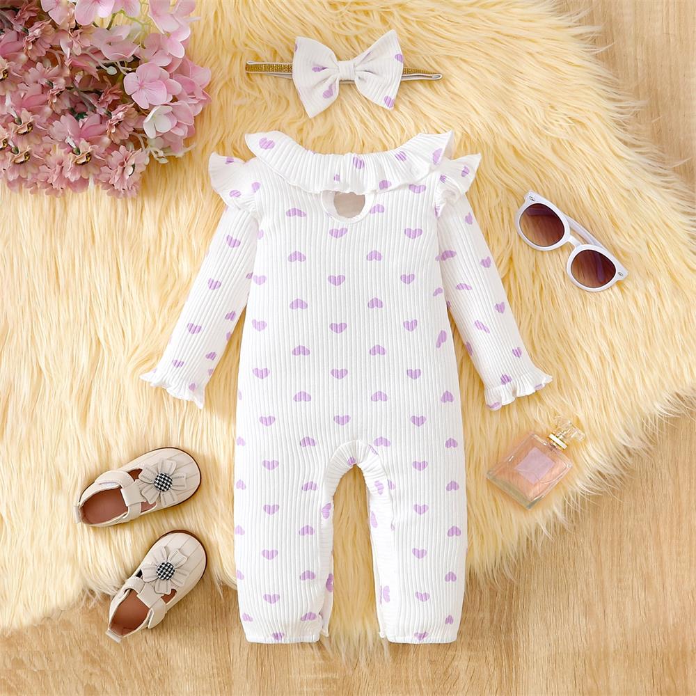 2PCS Little Heart Print Long Sleeve Baby Jumpsuit