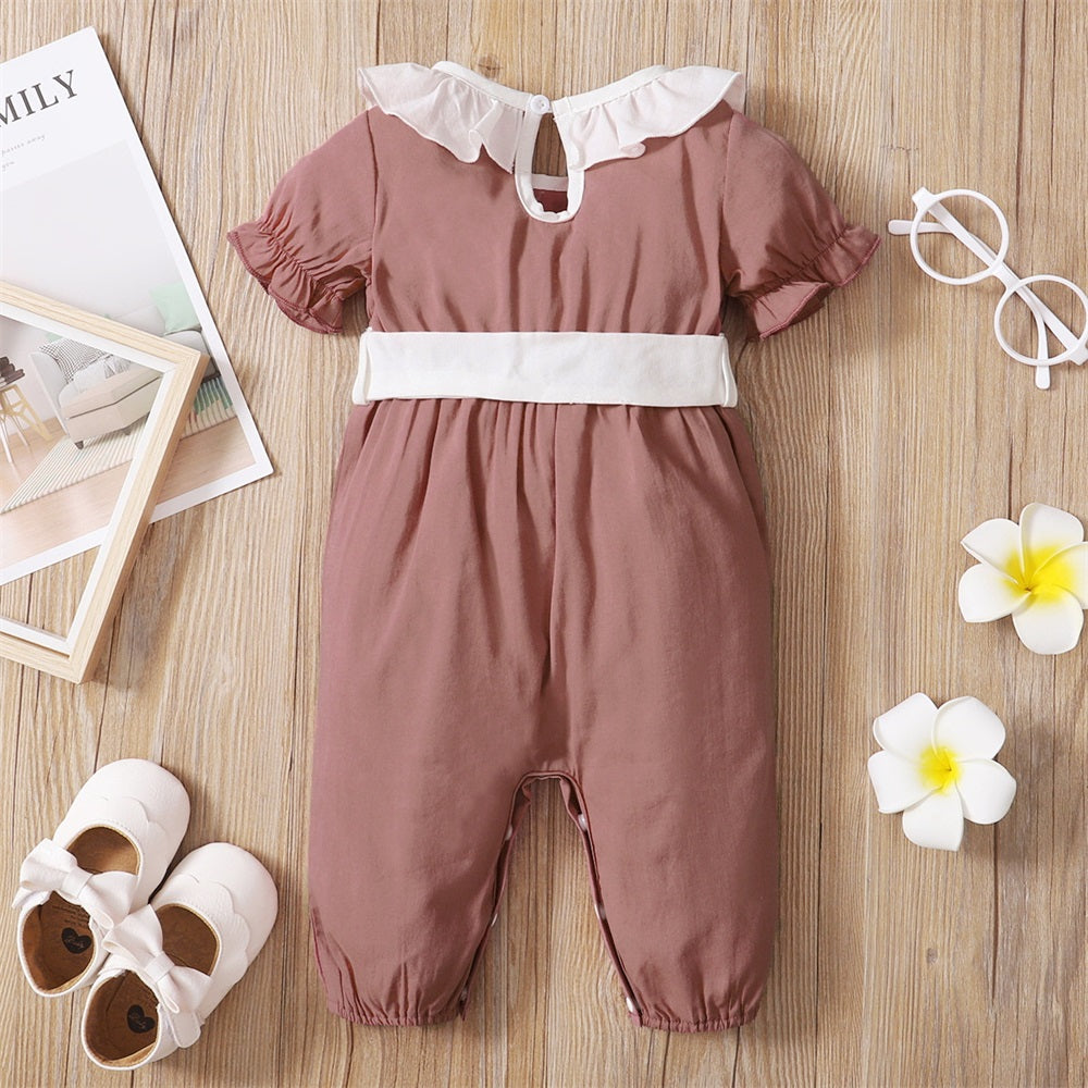 Casual Solid Color Ruffle Collar Short Sleeve Baby Jumpsuit