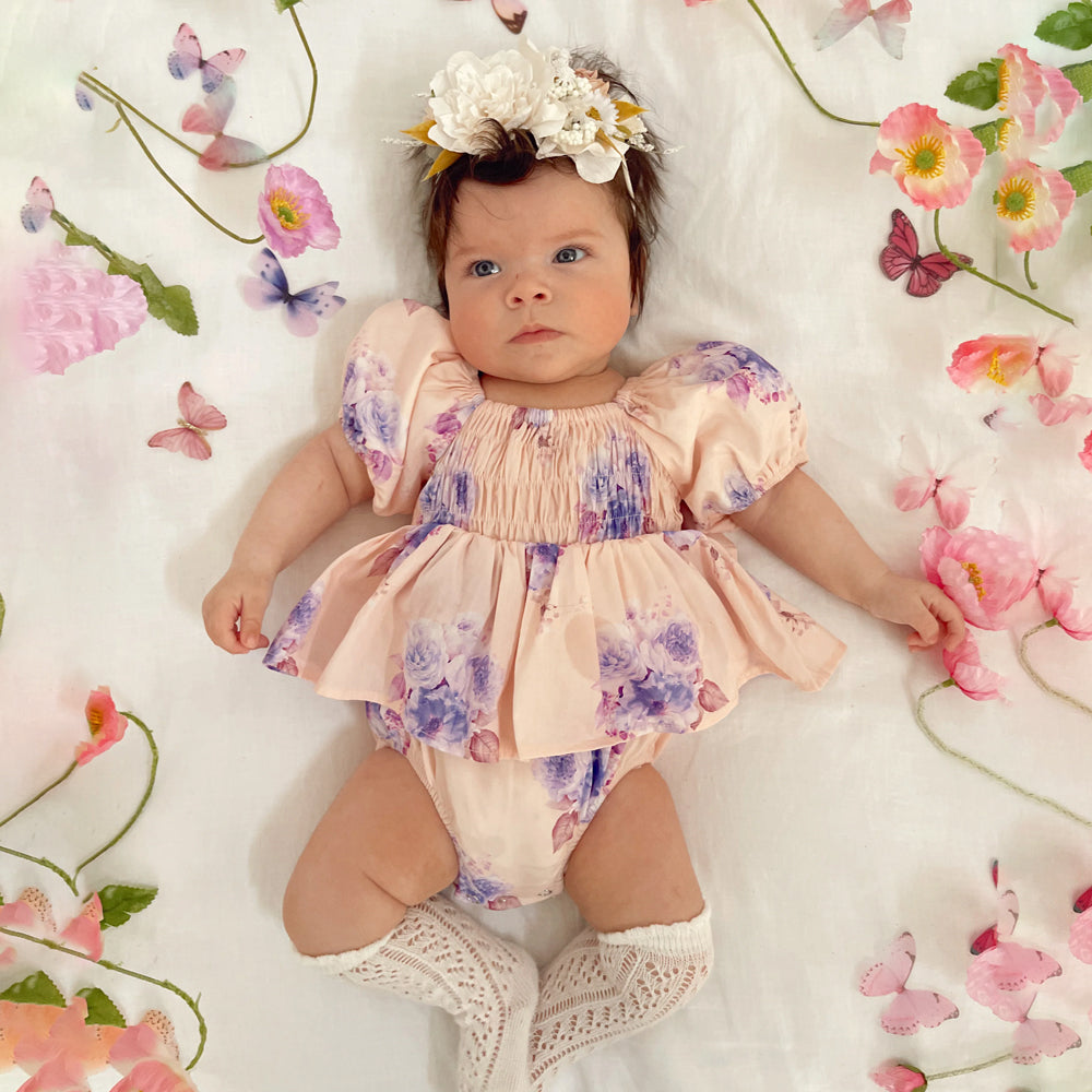 2PCS Charming Floral Print Puff Sleeve Baby Romper