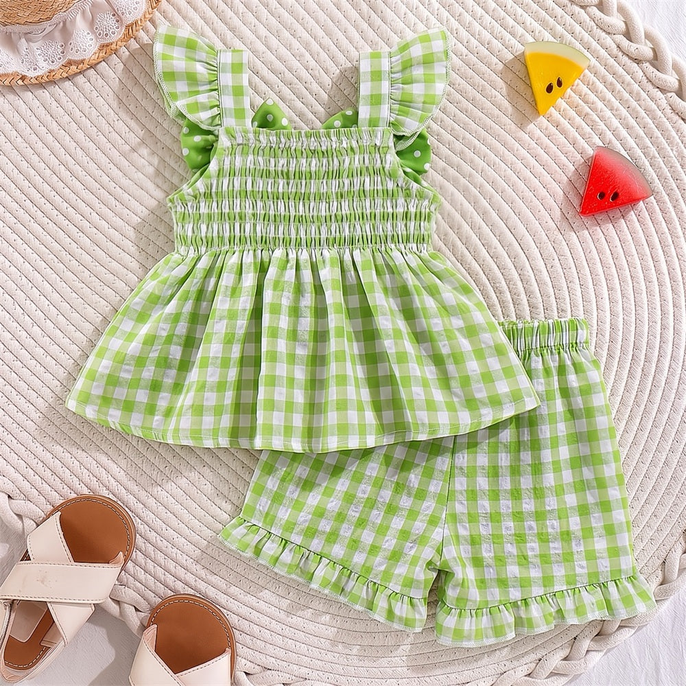 2PCS Watermelon Appliqué Plaid Print Flutter Sleeve Baby Set