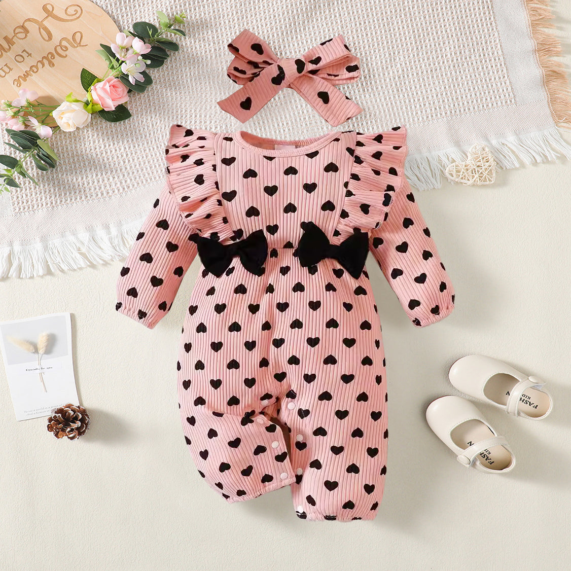 2PCS Love Heart Printed Bow Long Sleeve Baby Jumpsuit