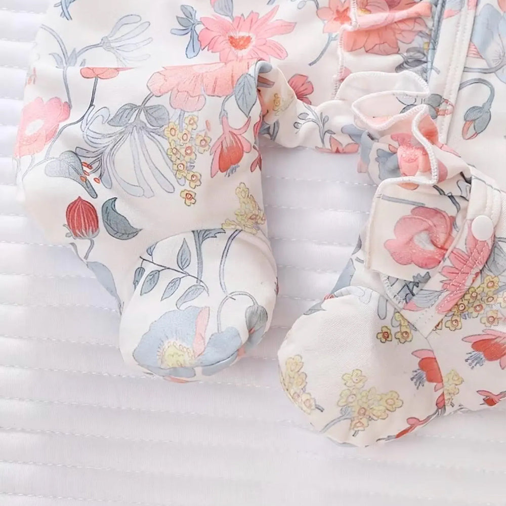2PCS Elegant Floral Printed Ruffle Decor Zipper Baby Jumpsuit
