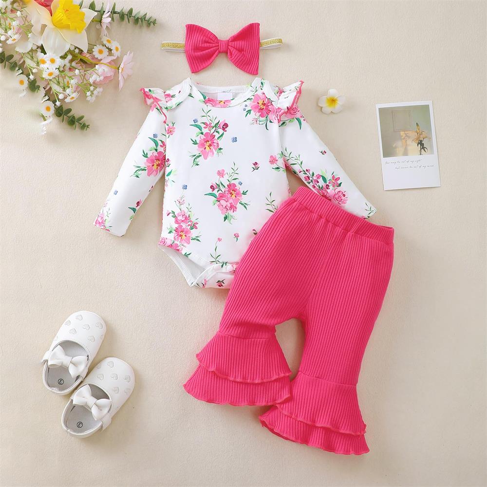 3PCS Pretty Floral Print Ruffle Shoulder Long Sleeve Baby Set