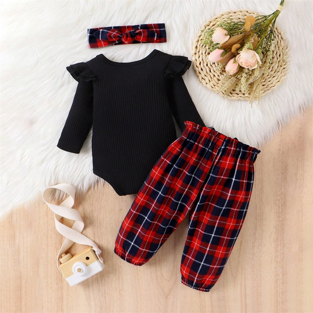 3PCS Casual Plaid Print Long Sleeve Baby Set