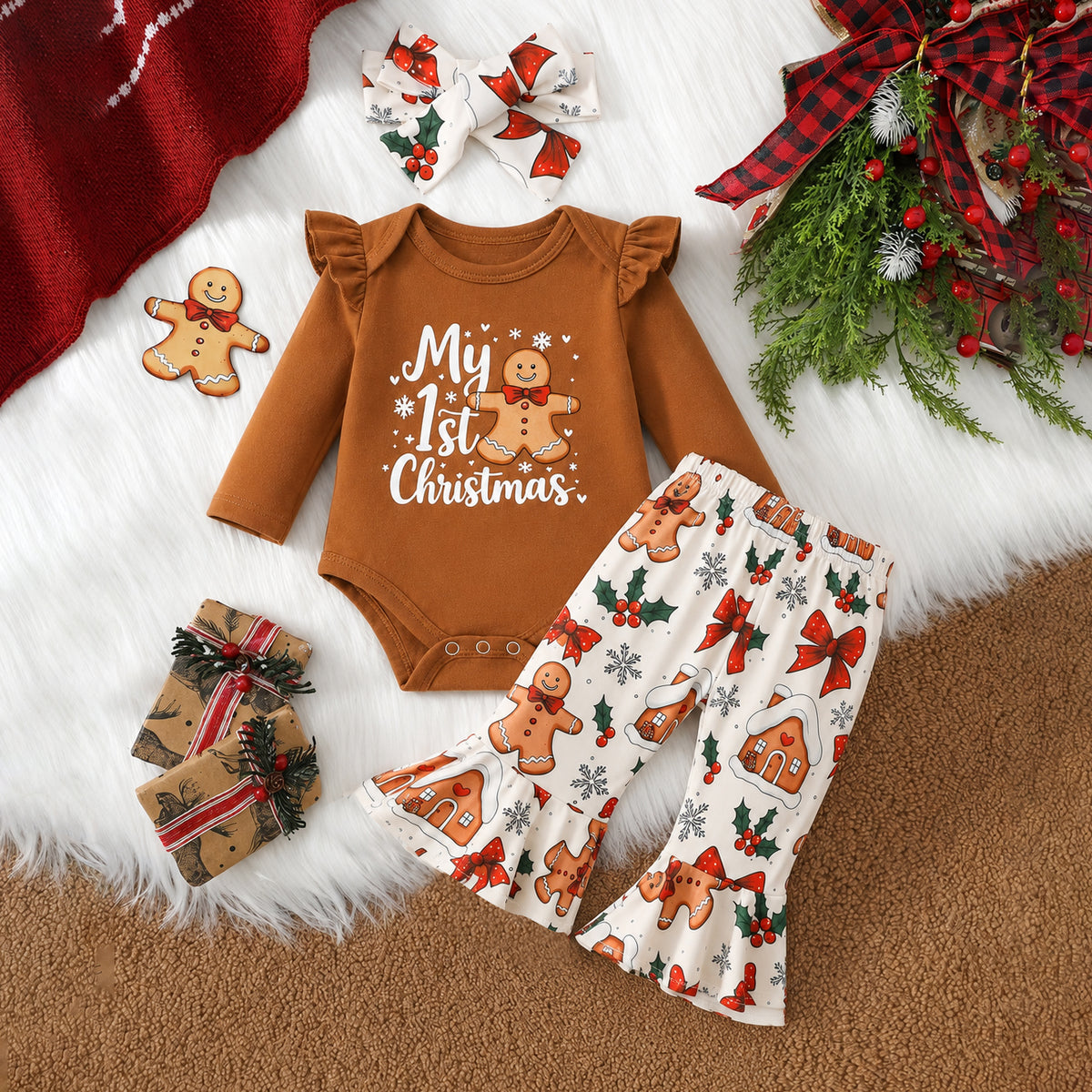 3PCS My 1st Christmas Letter Gingerbread Man Print Baby Set