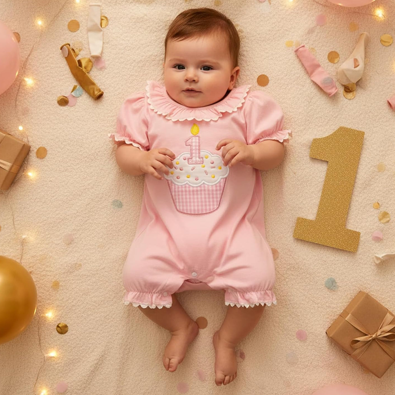 Sweet Cake Embroidery Short Sleeve Baby Jumpsuit