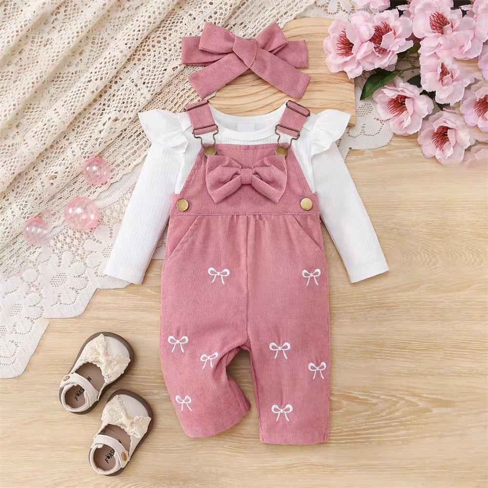 3PCS Sweet Bow Print Long Sleeve Baby Overalls Set