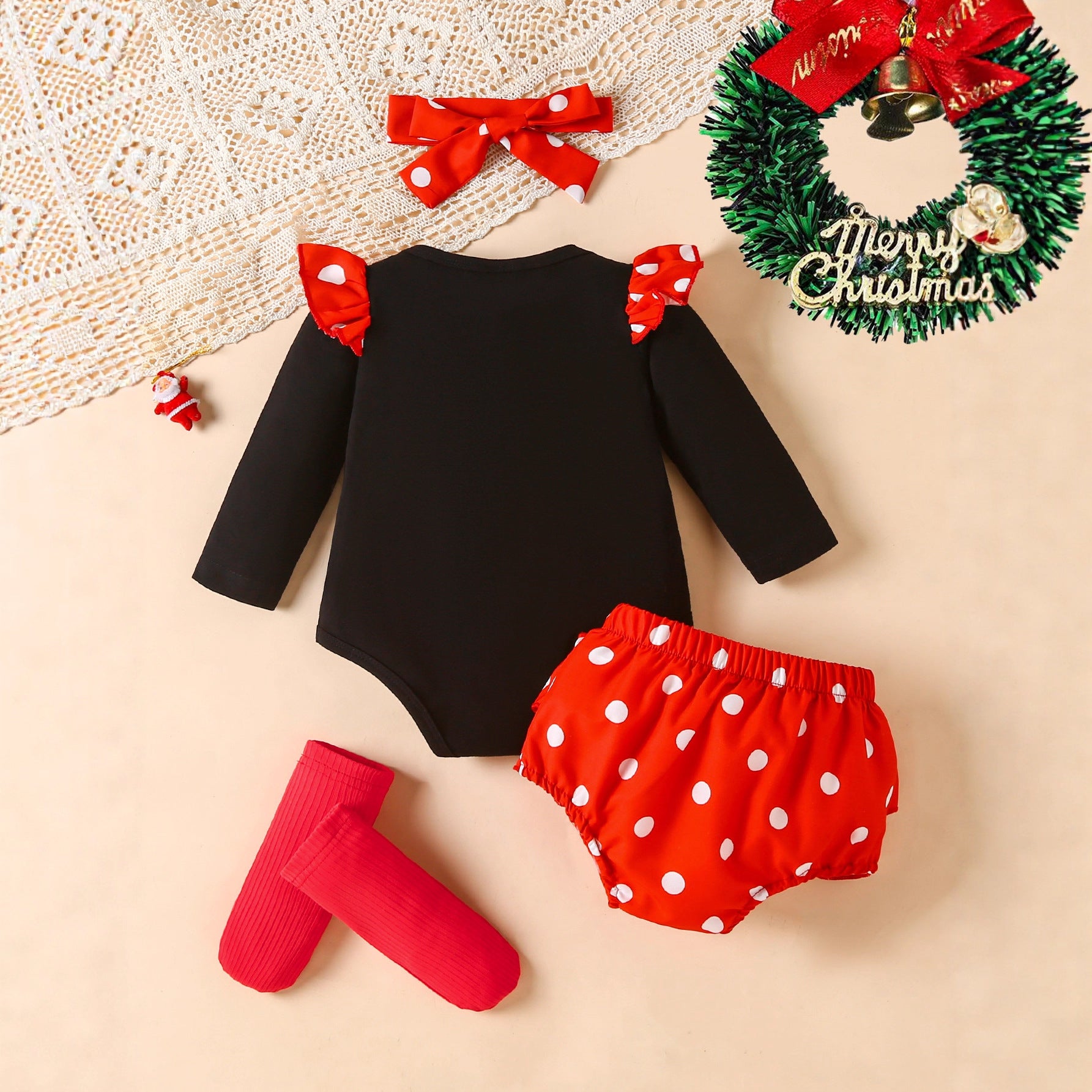 4PCS My 1st Christmas Letter Polka Dots Printed Baby Set