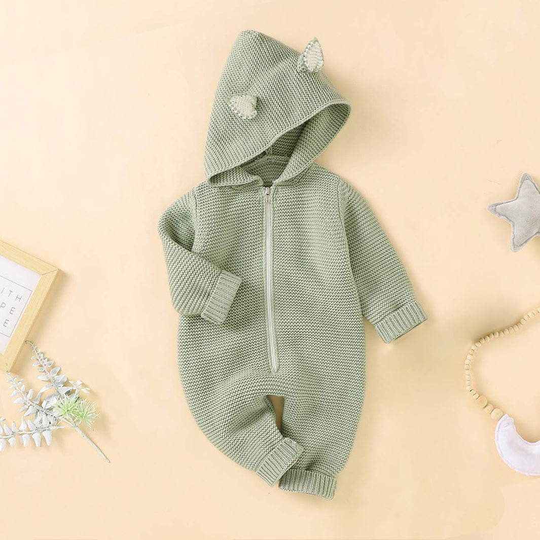 Cozy Solid Color Knitted Sweater Hooded Baby Jumpsuit