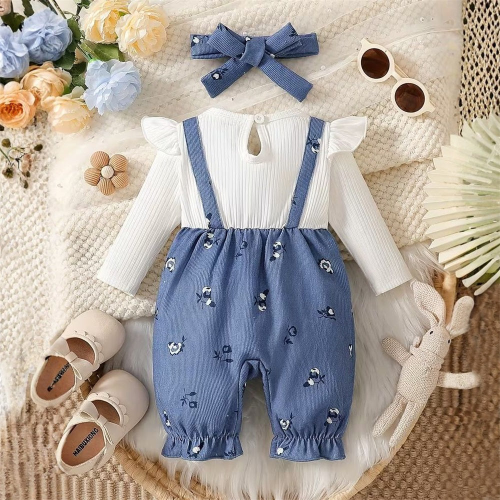 2PCS Stylish Floral Print Bow Long Sleeve Baby Jumpsuit