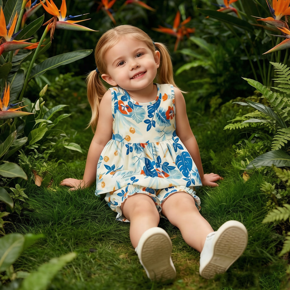 2PCS Cheerful Floral Printed Sleeveless Baby Set