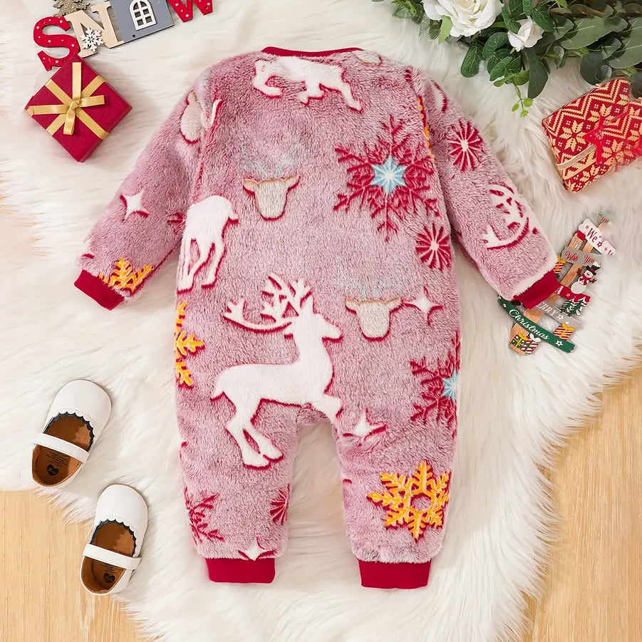 Lovely Christmas Elk Printed Long Sleeve Baby Jumpsuit