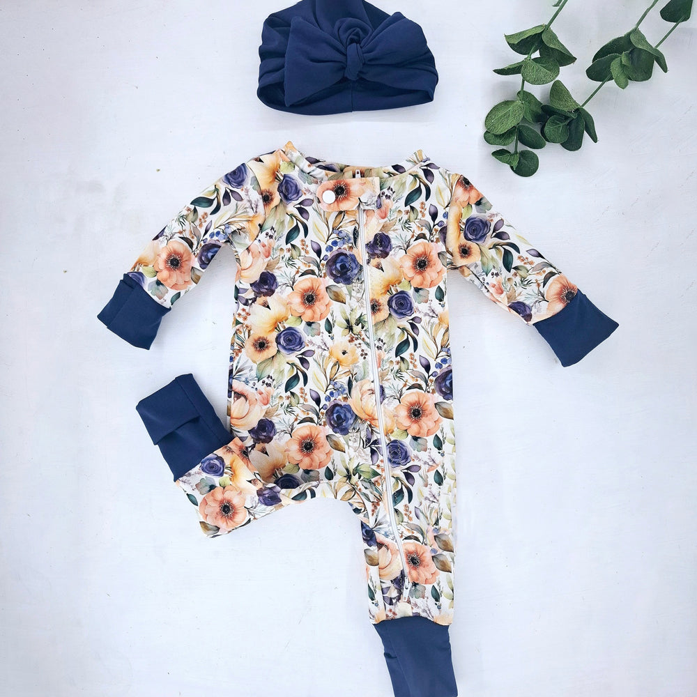 2PCS Romantic Floral Print Long Sleeve Zipper Baby Jumpsuit