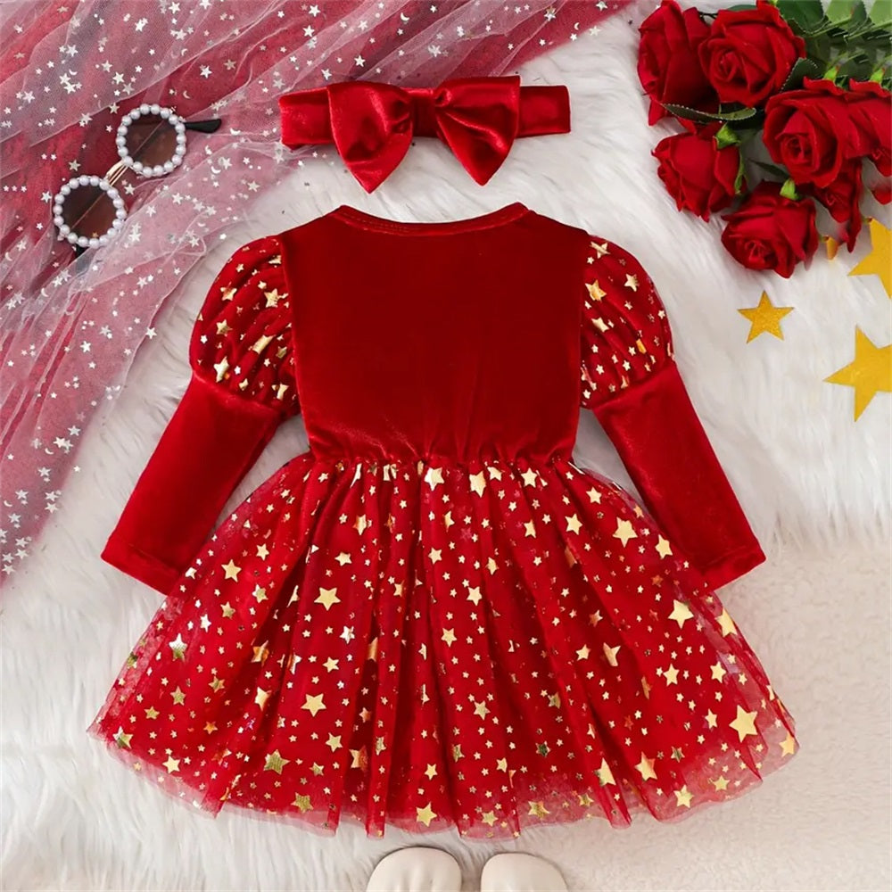 2PCS Cute Bubble Long Sleeve Star Mesh Dress