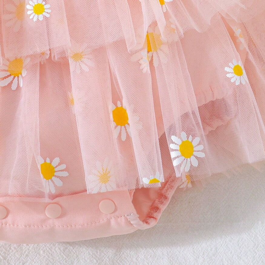 2PCS Floral Appliqué Daisy Print Tulle Flutter Sleeve Baby Romper