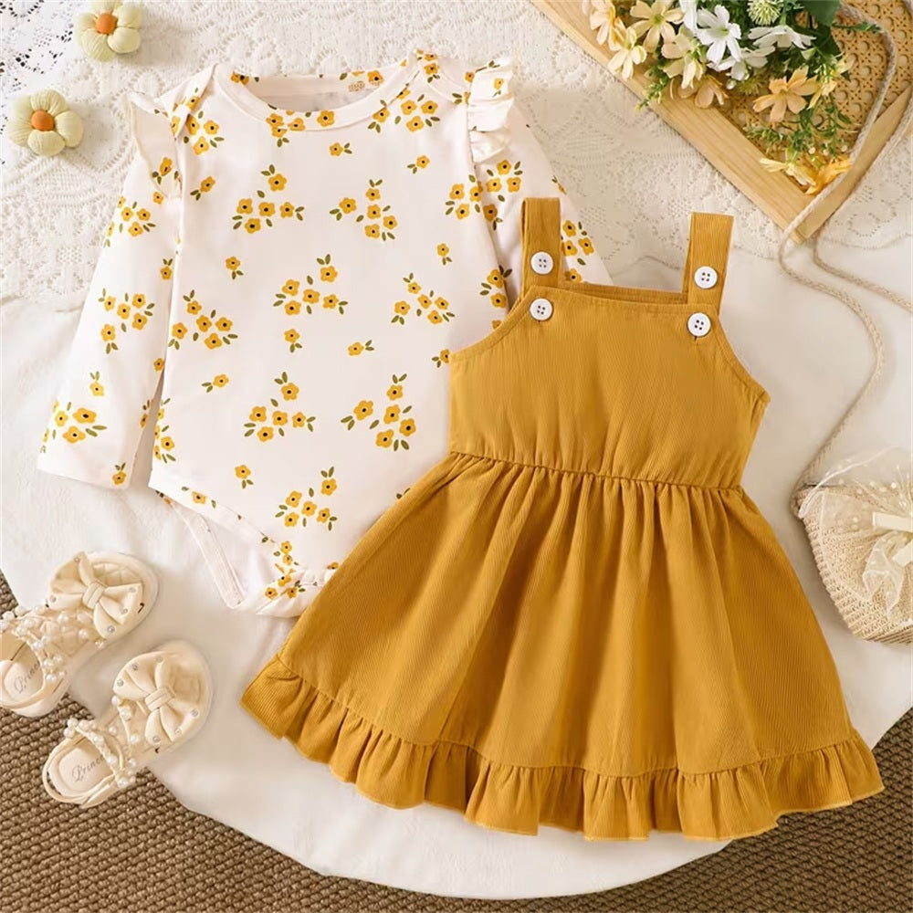 2PCS Exquisite Floral Print Long Sleeve Suspender Baby Set