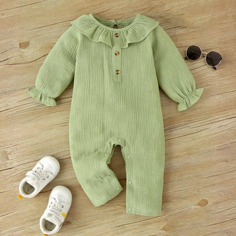 Solid Color Ruffle Decoration Long Sleeve Baby Jumpsuit