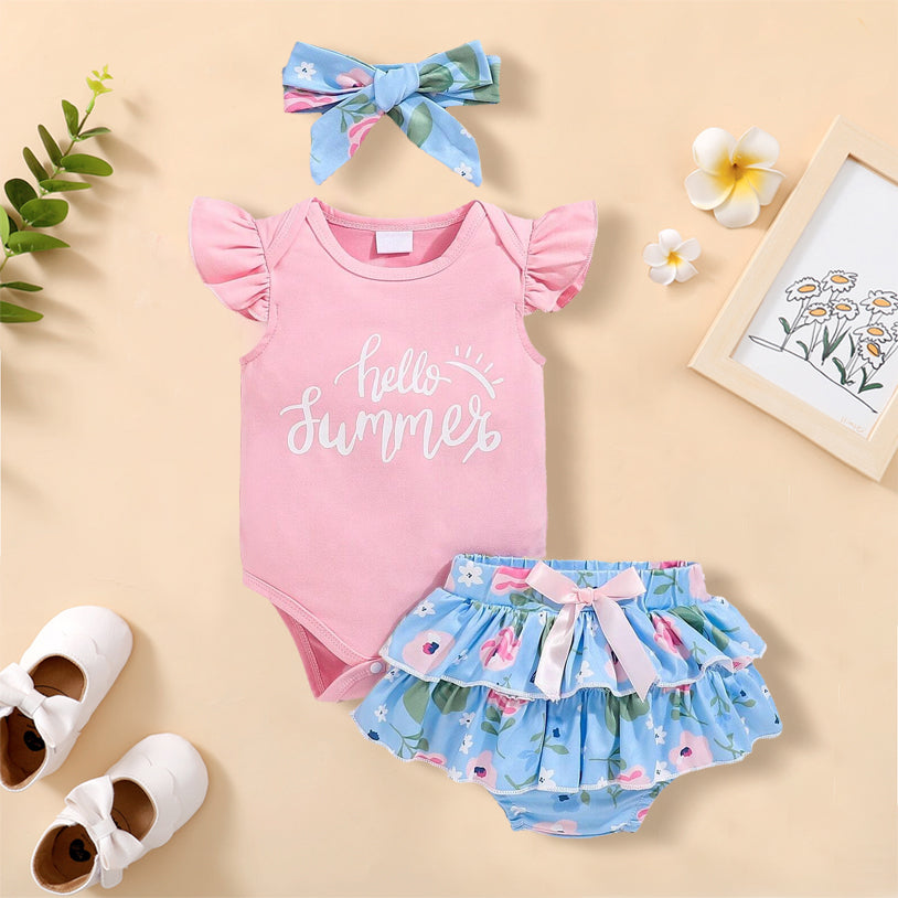 3PCS Hello Summer Letter Floral Printed Sleeveless Baby Set